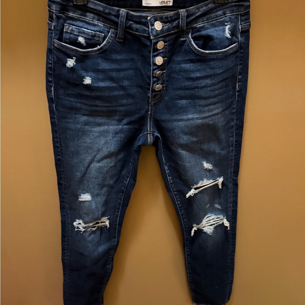 VERVET by Flying Monkey Dark Blue Distressed Button-Fly Jeggings